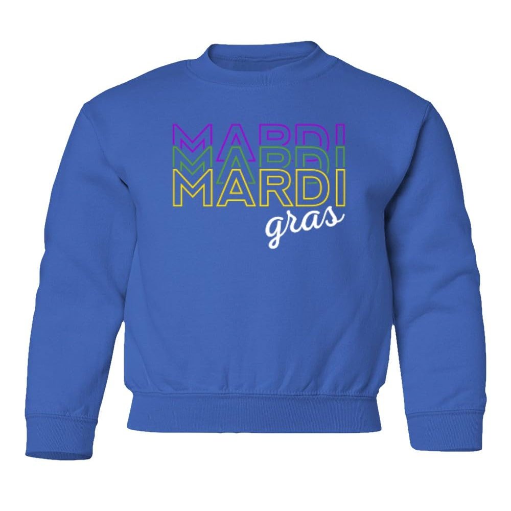 superhotapparel Mardi Gras Street Festival Carnival Letters Retro Youth Crewneck Sweatshirt (Royal, Youth Small)