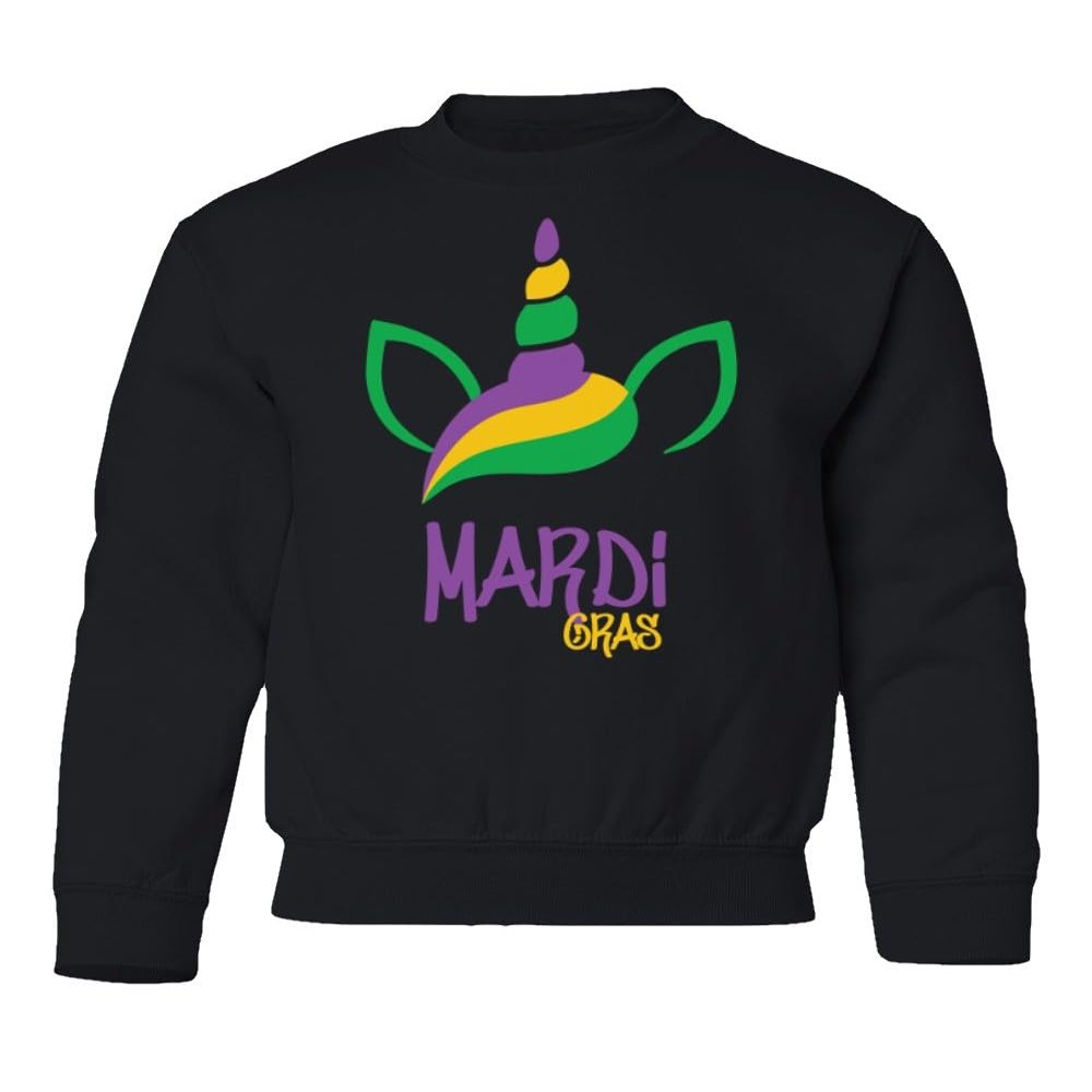 superhotapparel Unicorn Mardi Gras Carnival Cute Street Festival Youth Crewneck Sweatshirt (Black, Youth Medium)