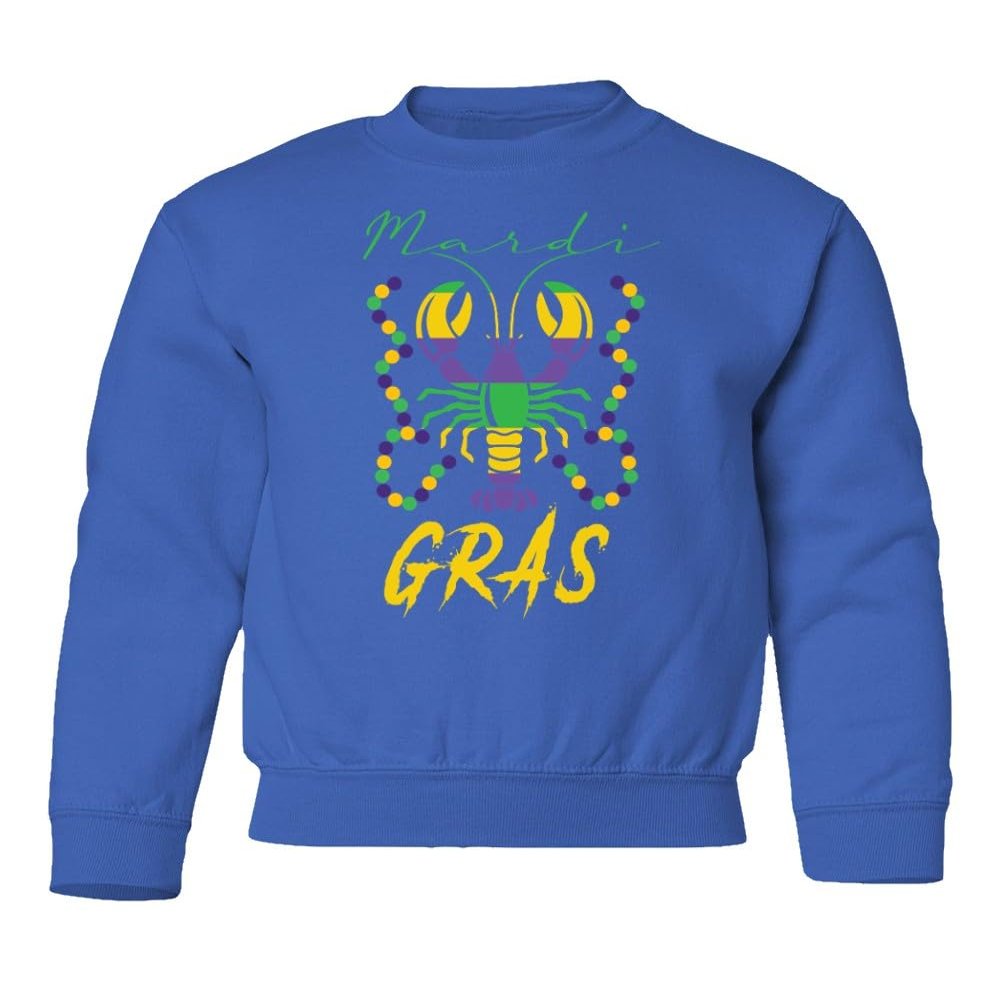 superhotapparel Mardi Gras Crawfish Carnival Beads Street Festival Youth Crewneck Sweatshirt (Royal, Youth Medium)
