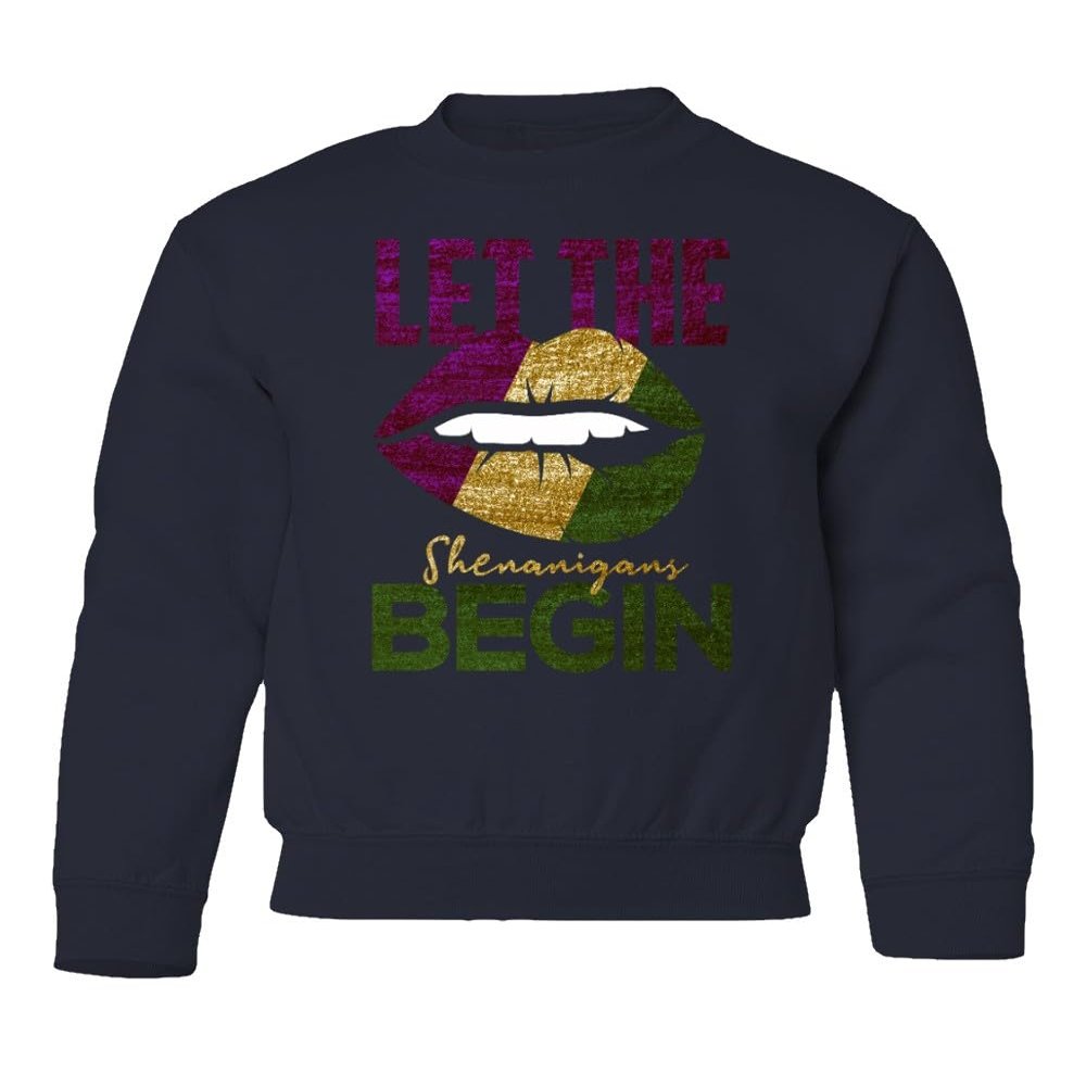 superhotapparel Mardi Gras Shenanigans Carnival Lips Street Festival Youth Crewneck Sweatshirt (Navy, Youth Small)