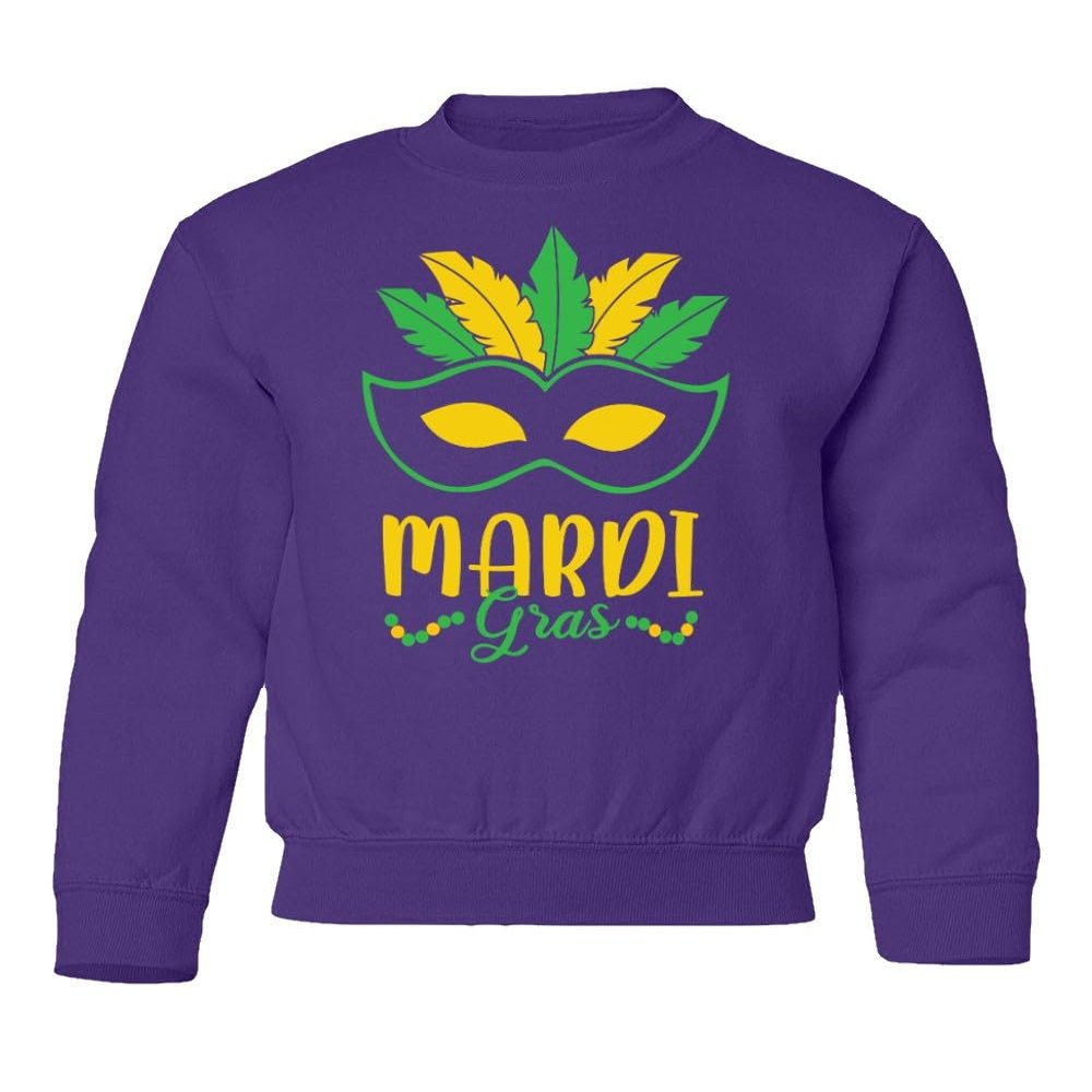superhotapparel Mardi Gras Carnival Mask Beads Street Festival Youth Crewneck Sweatshirt (Purple, Youth X-Large)