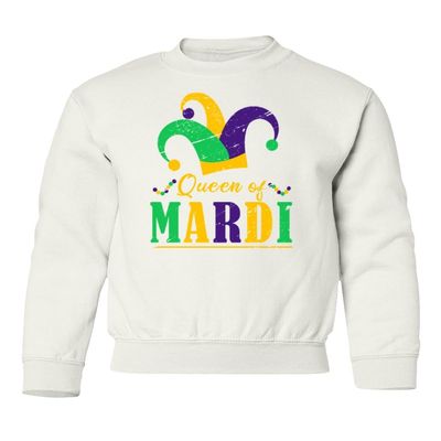 superhotapparel Queen Of Mardi Gras Carnival Fool Hat Street Festival Youth Crewneck Sweatshirt (White, Youth Medium)