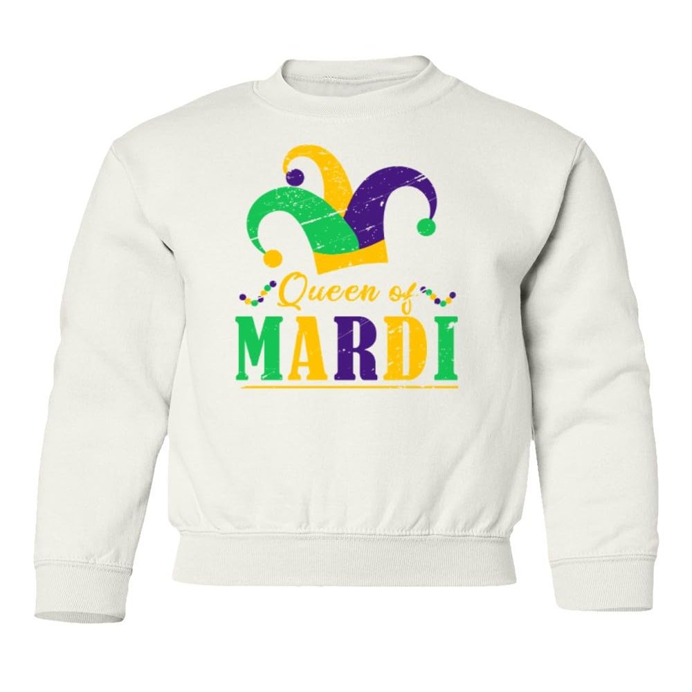superhotapparel Queen Of Mardi Gras Carnival Fool Hat Street Festival Youth Crewneck Sweatshirt (White, Youth Medium)
