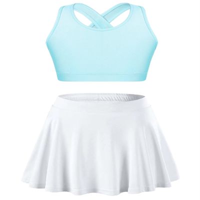 Huimingda Girls 2 Piece Tennis Golf Sports Outfit Sleeveless U Neck Tank Top with Pleated Skort Skirt Set Tracksuit Light Blue&White 8 Years