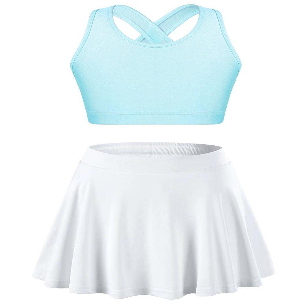 Huimingda Girls 2 Piece Tennis Golf Sports Outfit Sleeveless U Neck Tank Top with Pleated Skort Skirt Set Tracksuit Light Blue&White 8 Years