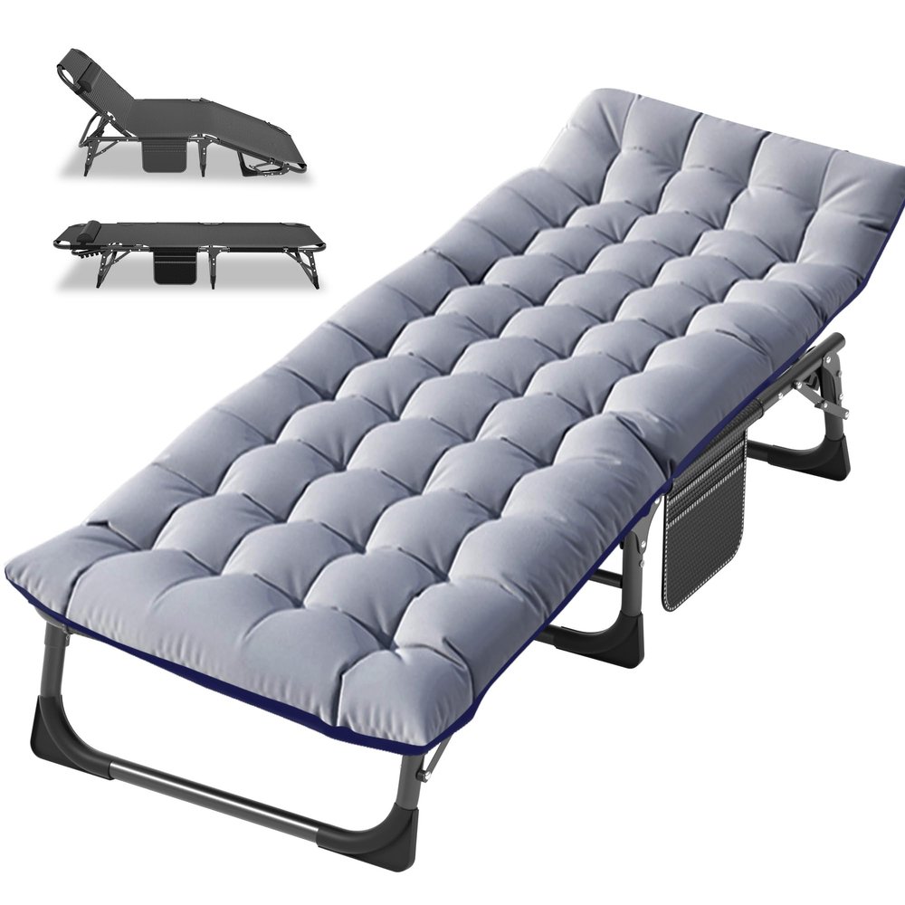 Barbella Folding Camping Cots for Adults, Adjustable 4-Position Adults Reclining Chaise with Pillow, Outdoor Lounge Chair Sleeping Cots Bed, Perfect for Camping, Pool, Beach, Patio, Grey