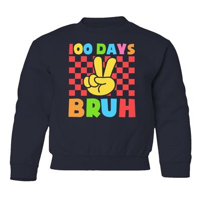 superhotapparel 100 Days Of School Bruh Teacher Student Funny Gift Youth Crewneck Sweatshirt (Navy, Youth X-Large)