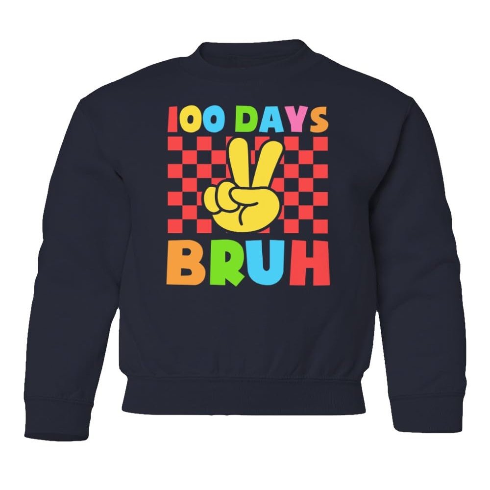 superhotapparel 100 Days Of School Bruh Teacher Student Funny Gift Youth Crewneck Sweatshirt (Navy, Youth X-Large)