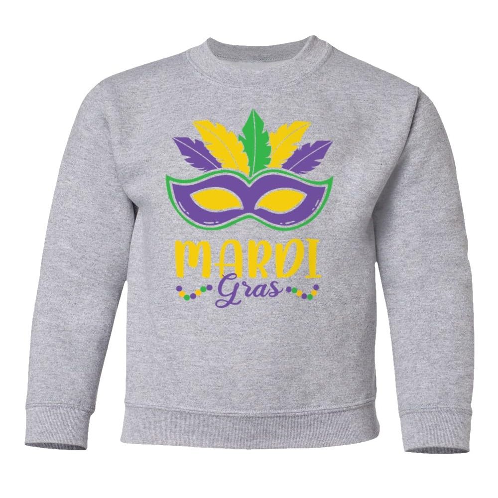 superhotapparel Mardi Gras Mask Carnival Colors Beads Street Festival Youth Crewneck Sweatshirt (Ash, Youth X-Large)