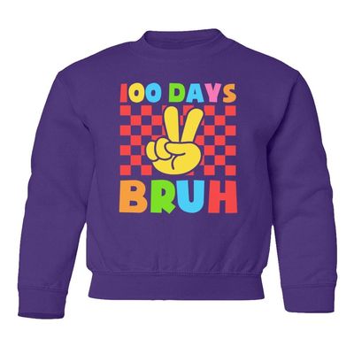 superhotapparel 100 Days Of School Bruh Teacher Student Funny Gift Youth Crewneck Sweatshirt (Purple, Youth X-Large)