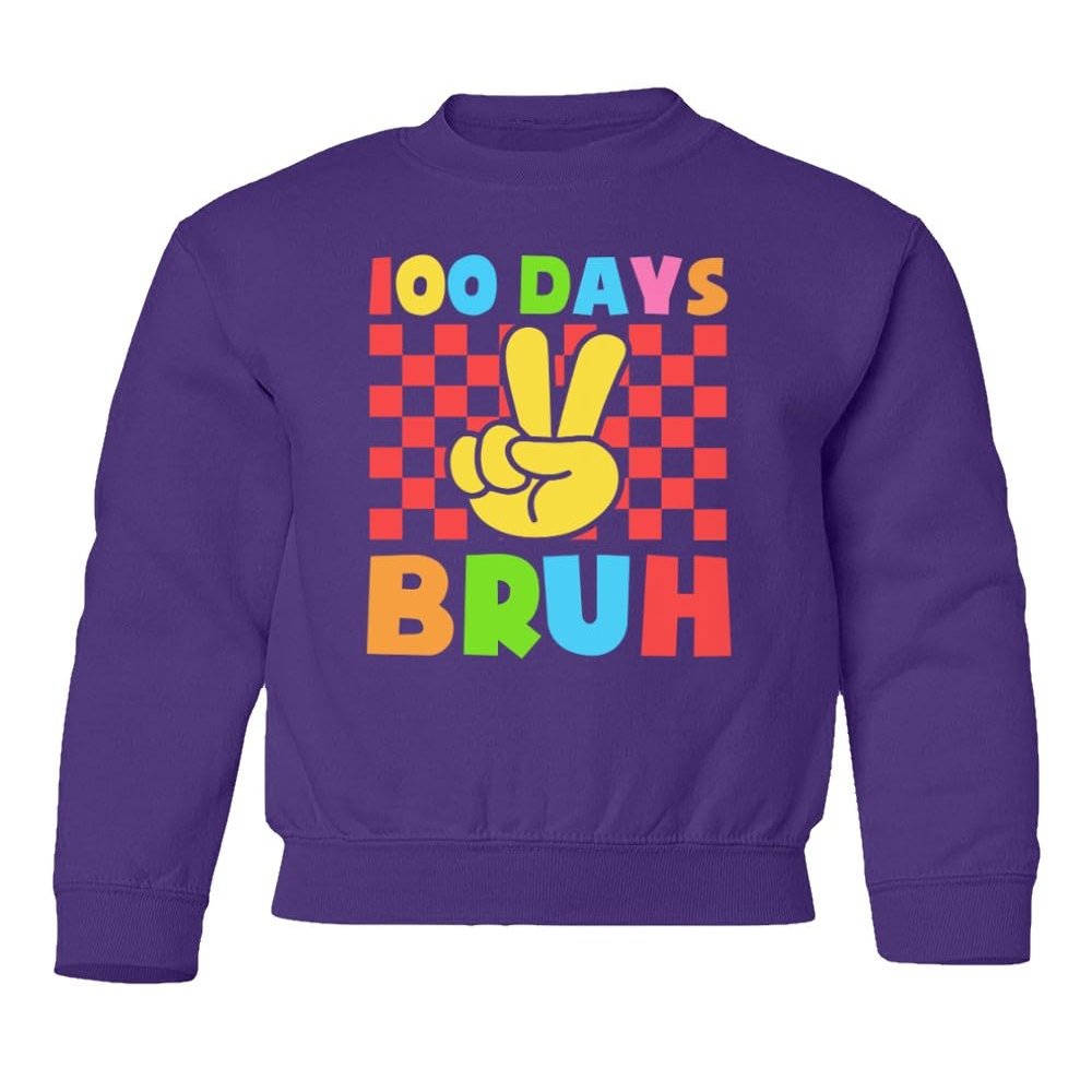 superhotapparel 100 Days Of School Bruh Teacher Student Funny Gift Youth Crewneck Sweatshirt (Purple, Youth X-Large)