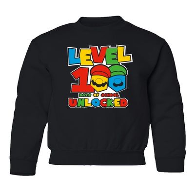 superhotapparel Level 100 Days Of School Unlocked Teacher Student Youth Crewneck Sweatshirt (Black, Youth Small)