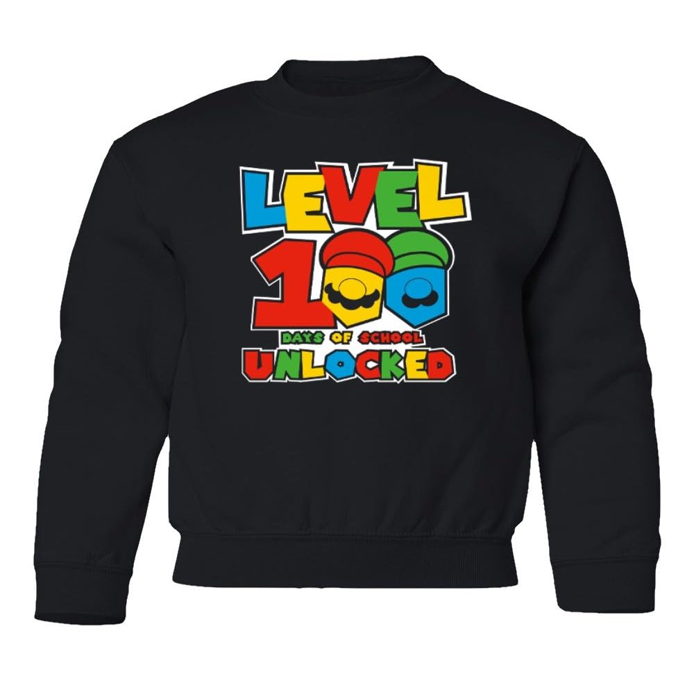 superhotapparel Level 100 Days Of School Unlocked Teacher Student Youth Crewneck Sweatshirt (Black, Youth Small)