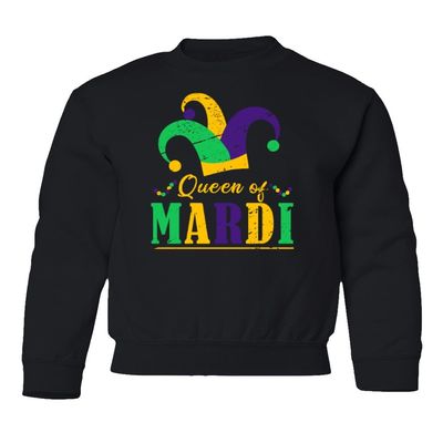 superhotapparel Queen Of Mardi Gras Carnival Fool Hat Street Festival Youth Crewneck Sweatshirt (Black, Youth Medium)