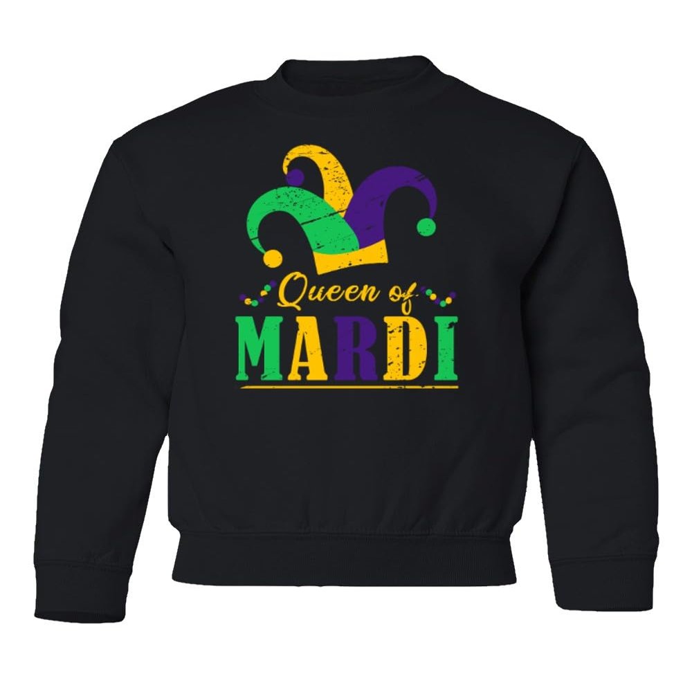 superhotapparel Queen Of Mardi Gras Carnival Fool Hat Street Festival Youth Crewneck Sweatshirt (Black, Youth Medium)