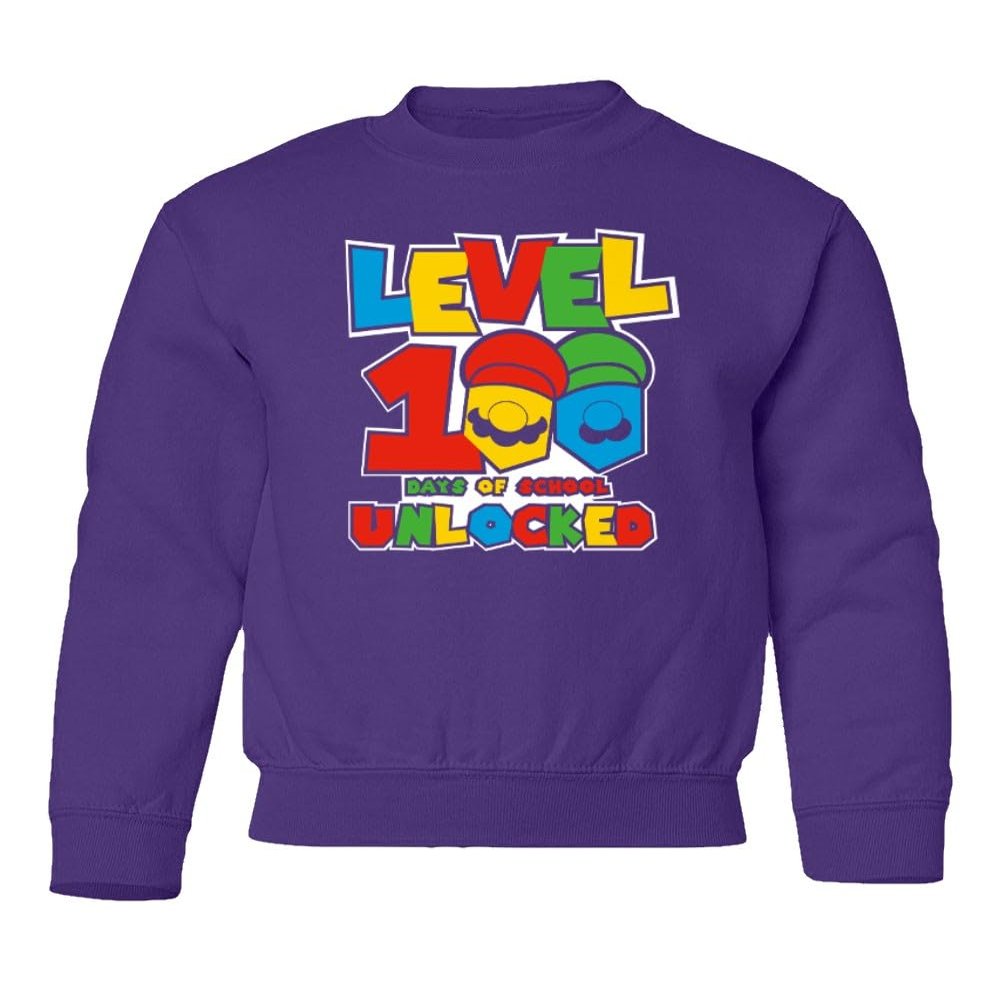 superhotapparel Level 100 Days Of School Unlocked Teacher Student Youth Crewneck Sweatshirt (Purple, Youth Small)