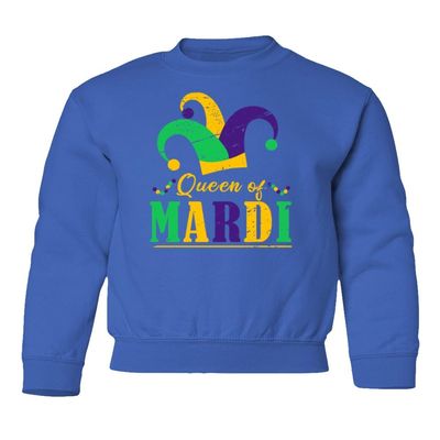 superhotapparel Queen Of Mardi Gras Carnival Fool Hat Street Festival Youth Crewneck Sweatshirt (Royal, Youth Medium)