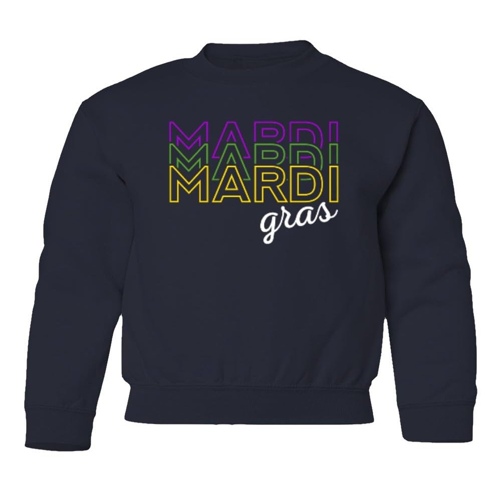 superhotapparel Mardi Gras Street Festival Carnival Letters Retro Youth Crewneck Sweatshirt (Navy, Youth Small)