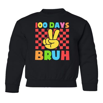 superhotapparel 100 Days Of School Bruh Teacher Student Funny Gift Youth Crewneck Sweatshirt (Black, Youth X-Large)