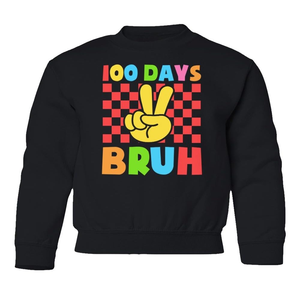 superhotapparel 100 Days Of School Bruh Teacher Student Funny Gift Youth Crewneck Sweatshirt (Black, Youth X-Large)