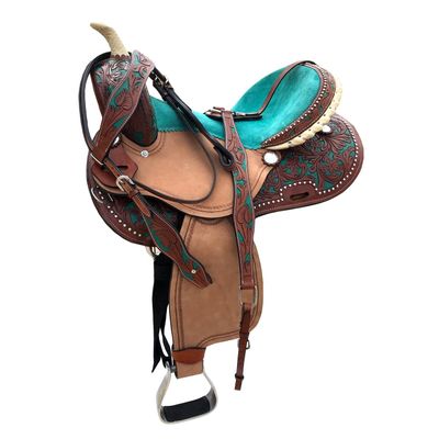 Adult Pony Kids Western Barrel Horse Leather Saddle Suede Seat 10" - 18" for Horse Riding Racing Show Equestrian Tack Set ST-022 (Turquoise, 14" Seat)