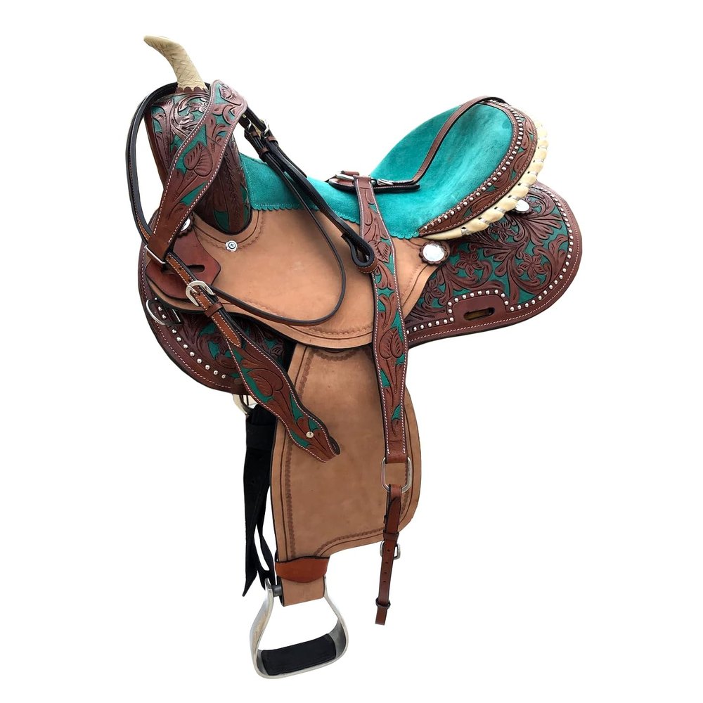 Adult Pony Kids Western Barrel Horse Leather Saddle Suede Seat 10" - 18" for Horse Riding Racing Show Equestrian Tack Set ST-022 (Turquoise, 14" Seat)