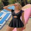 Aleumdr Women Cutout Ruffle One Piece Skirt Swimsuit V Neck Wrap Swimdress Tummy Control Bathing Suit Black White Medium view 4