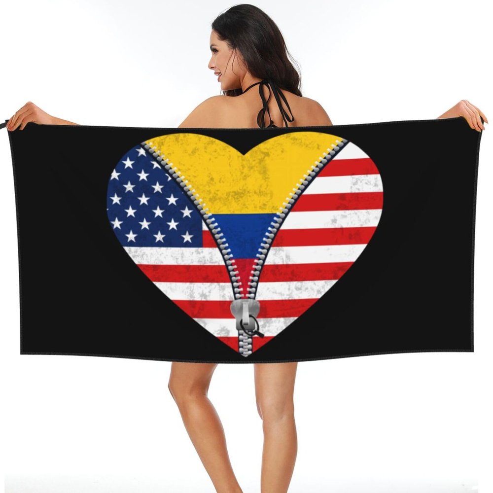 Heart American Flag and Colombia Flag Beach Towel Microfiber Super Soft Beach Towels Quick Dry Towel for Swimmers Sand Proof Beach Towels for Women Men Girls Large Bath Towels 30x60inches
