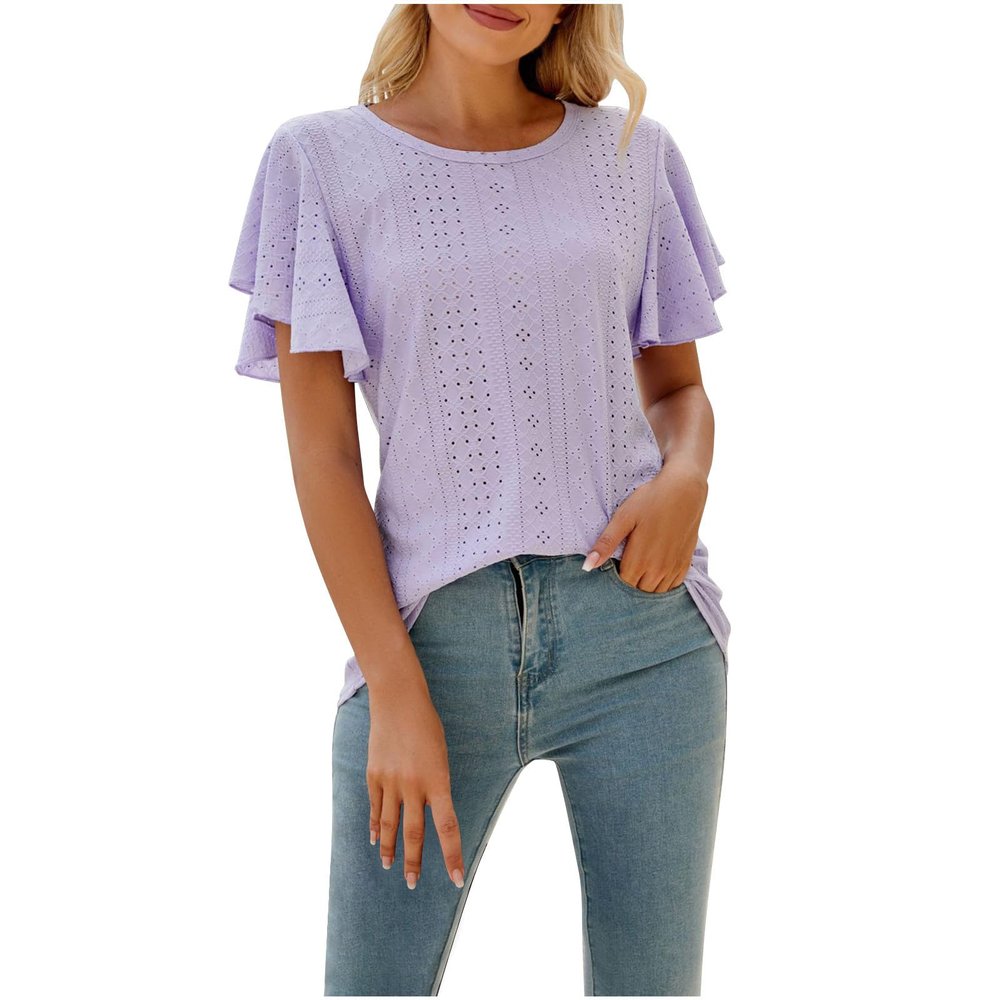 Women 2024 Summer V Neck Ruffle Short Sleeve Blouse Flowy Shirt Tunic Casual Dressy Work Cute Tops Fitted Lace Shirts Purple