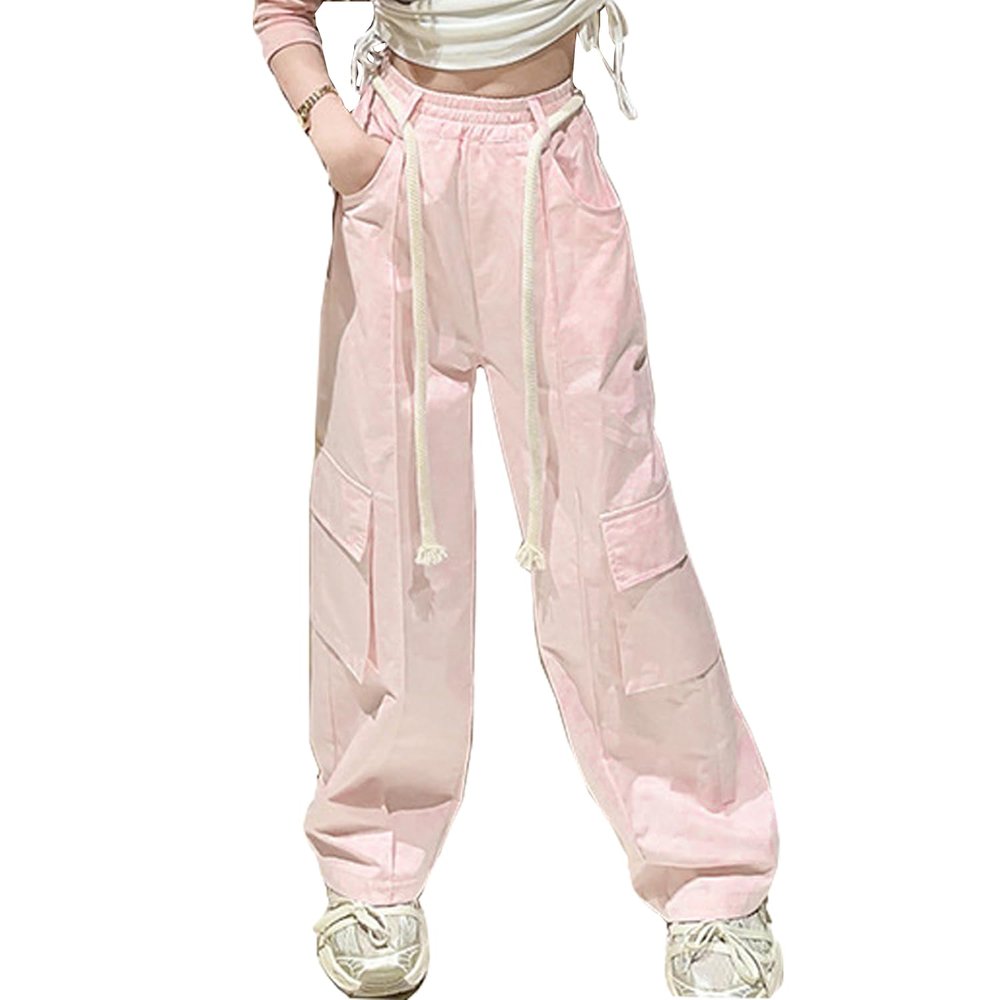 Bolknokin Girls Parachute Pants Y2K Cargo Baggy Joggers Track Pants Kids Trousers with Pockets Size 6-14(Pink-2,14-16)