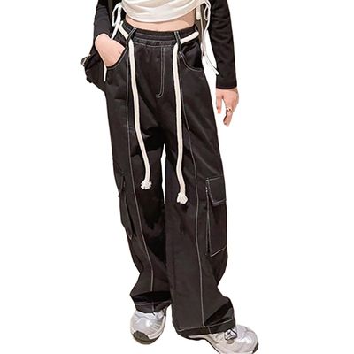 Bolknokin Girls Parachute Pants Y2K Cargo Baggy Joggers Track Pants Kids Trousers with Pockets Size 6-14(Black-2,12-14)