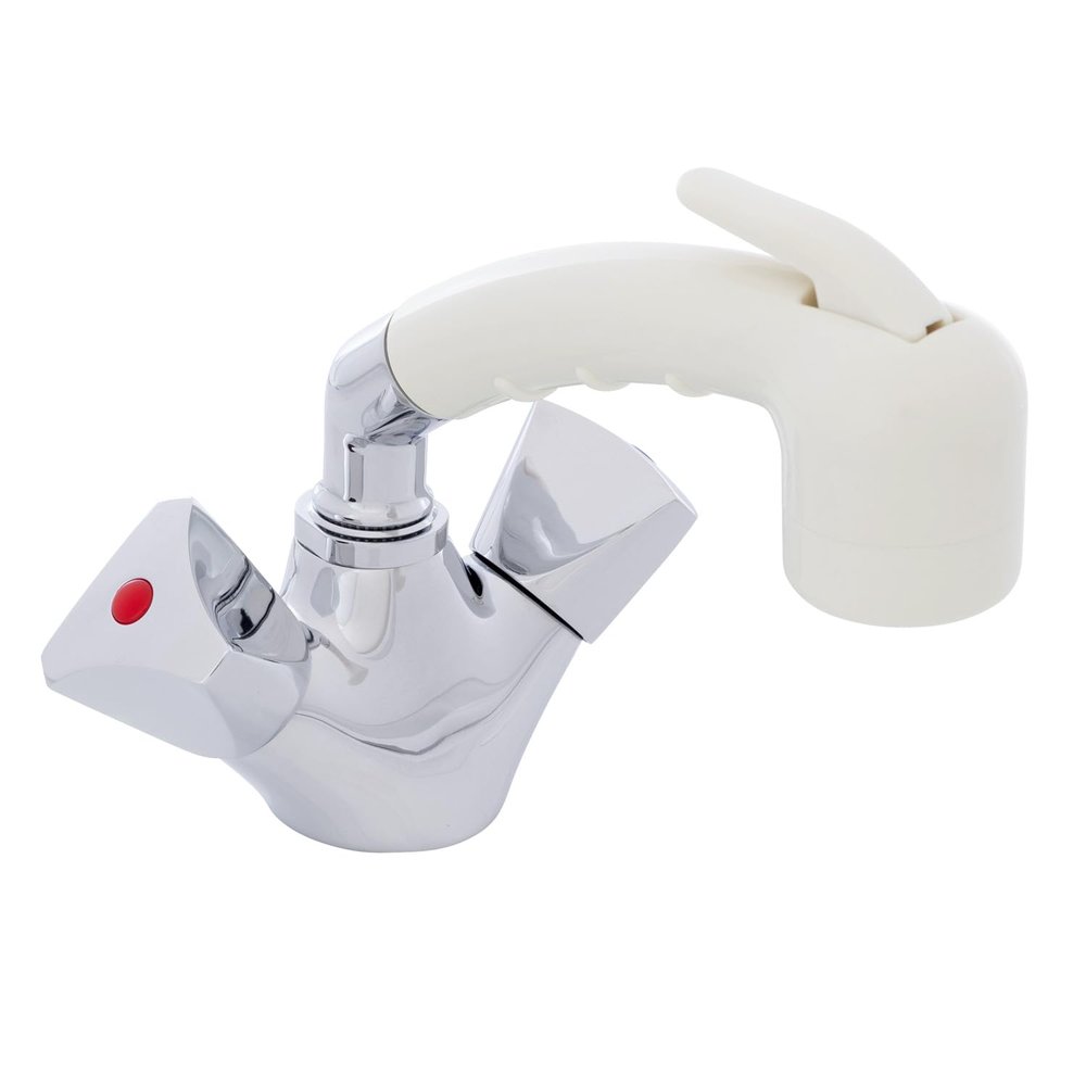 AMBASSADOR MARINE- Trinidad Head/Shower Combo Faucet- Small Warm White Sprayer & 6' White Rubber Hose, Pull-Out Faucet (Hot/Cold Mixer) Chrome & Warm White for Boat/RV/Camper- 134-0213-CW-W