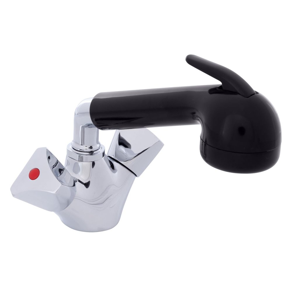 AMBASSADOR MARINE- Trinidad Head/Shower Combo Faucet- Large Black Sprayer & 6' Black Rubber Hose, Pull-Out Faucet (Hot/Cold Mixer) Chrome & Black for Boat/RV/Camper- 134-0215-CK-W
