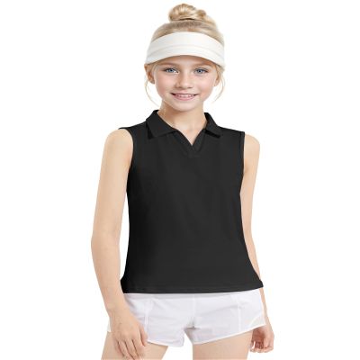 Auranso Girls Sleeveless Polo Shirts V-Neck Golf Tennis T-Shirts with Collared Quick Dry Tank Tops Black 11-12 Years