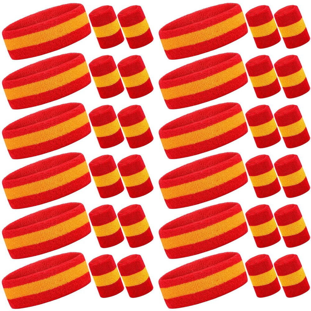 Eurzom 36 Pcs Sweatband Set - 12 Sweat-Absorbing Headbands and 24 Cotton Wristbands for Men, Women, Gym, Sports (Red, Yellow)
