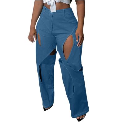 Uillui Baggy Cargo Pants for Women Trendy Patchwork Cutout Trousers High Waisted Straight Leg Pants Dressy Casual Work Pants Blue