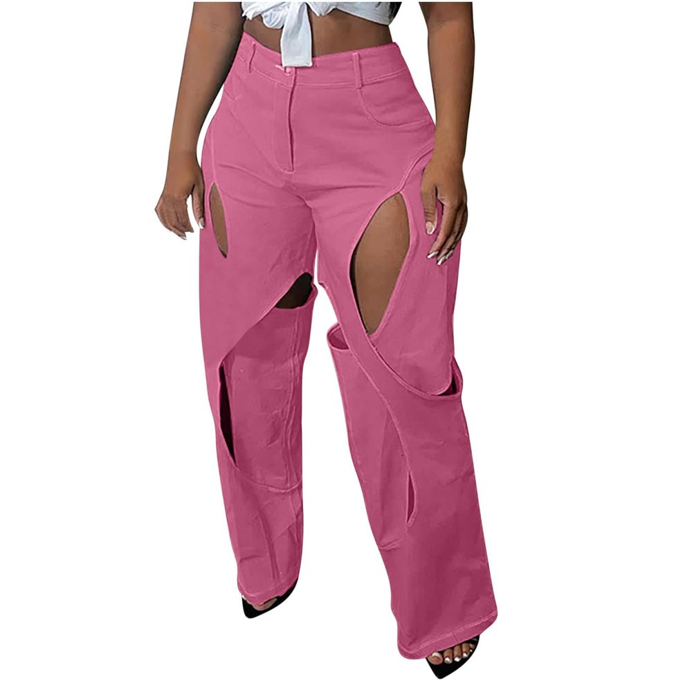 Uillui Baggy Cargo Pants for Women Trendy Patchwork Cutout Trousers High Waisted Straight Leg Pants Dressy Casual Work Pants Pink