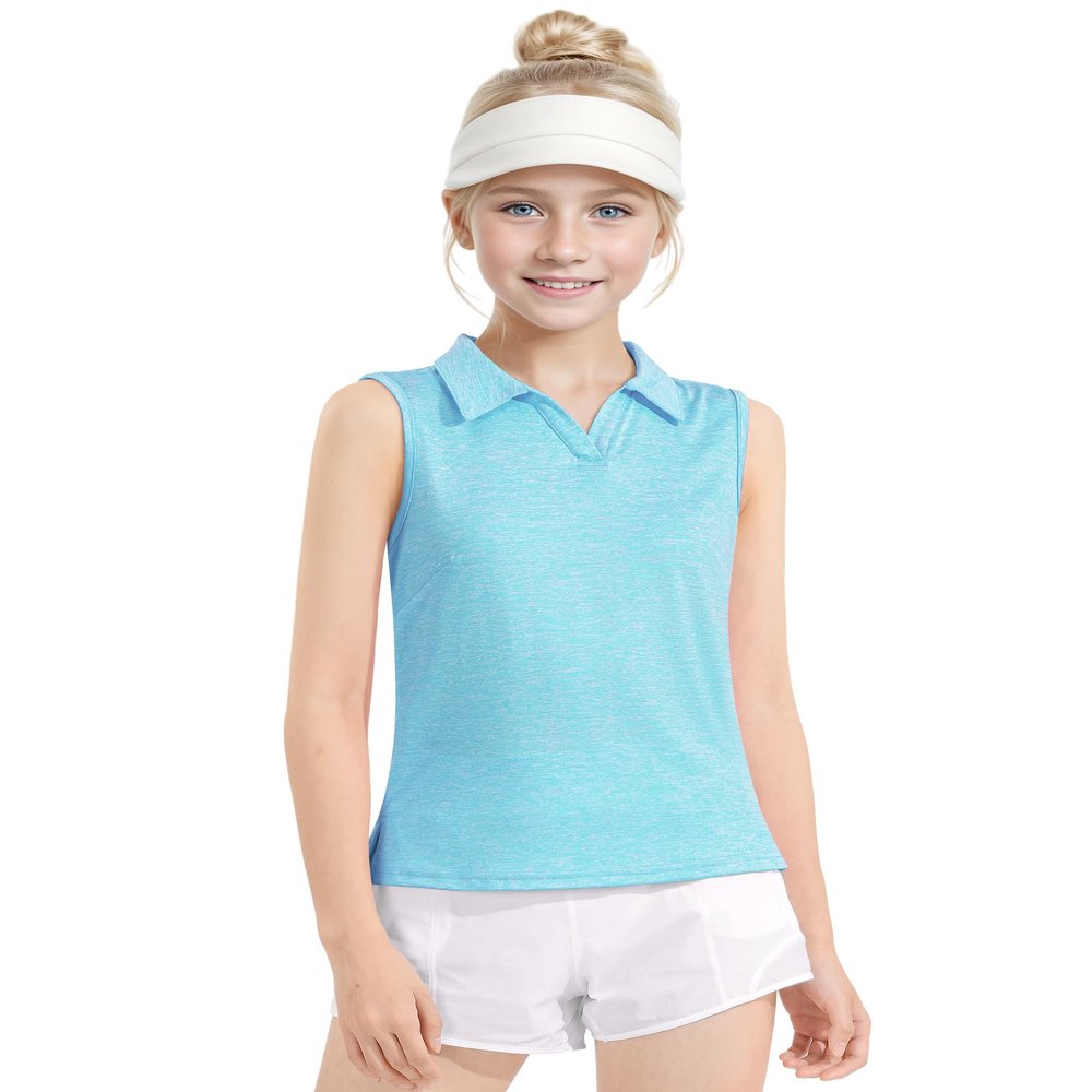 Auranso Girls Sleeveless Polo Shirts V-Neck Golf Tennis T-Shirts with Collared Quick Dry Tank Tops Blue 7-8 Years