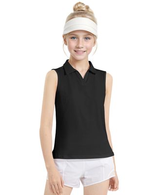Auranso Girls Sleeveless Polo Shirts V-Neck Golf Tennis T-Shirts with Collared Quick Dry Tank Tops Black 5-6 Years