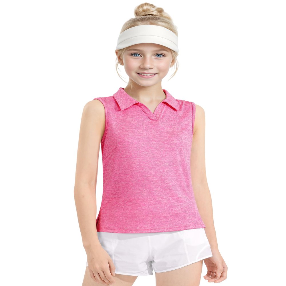 Auranso Girls Sleeveless Polo Shirts V-Neck Golf Tennis T-Shirts with Collared Quick Dry Tank Tops Rose Red 7-8 Years