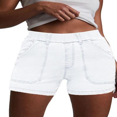 HVEPUO Womens Summer Pull On Elastic Waist Cotton Jean Shorts Casual Cute Girls High Waisted Beach Vacation White Shorts for Women White L
