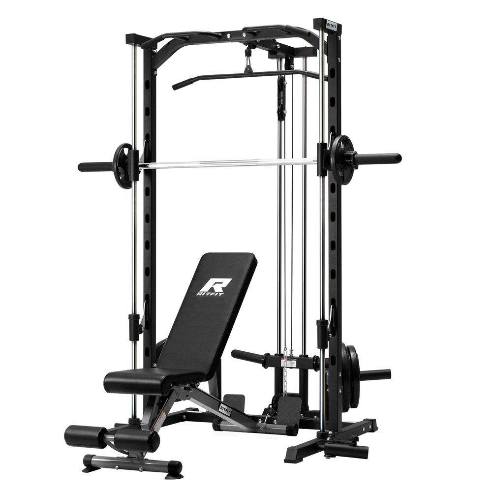 RitFit Smith Machine Power Rack with LAT-Pull Down System, Landmine, Barbell Bar, Plate Storage Pegs and More Training Attachment, 1000 LBS Multifunction Squat Rack for Home Gym
