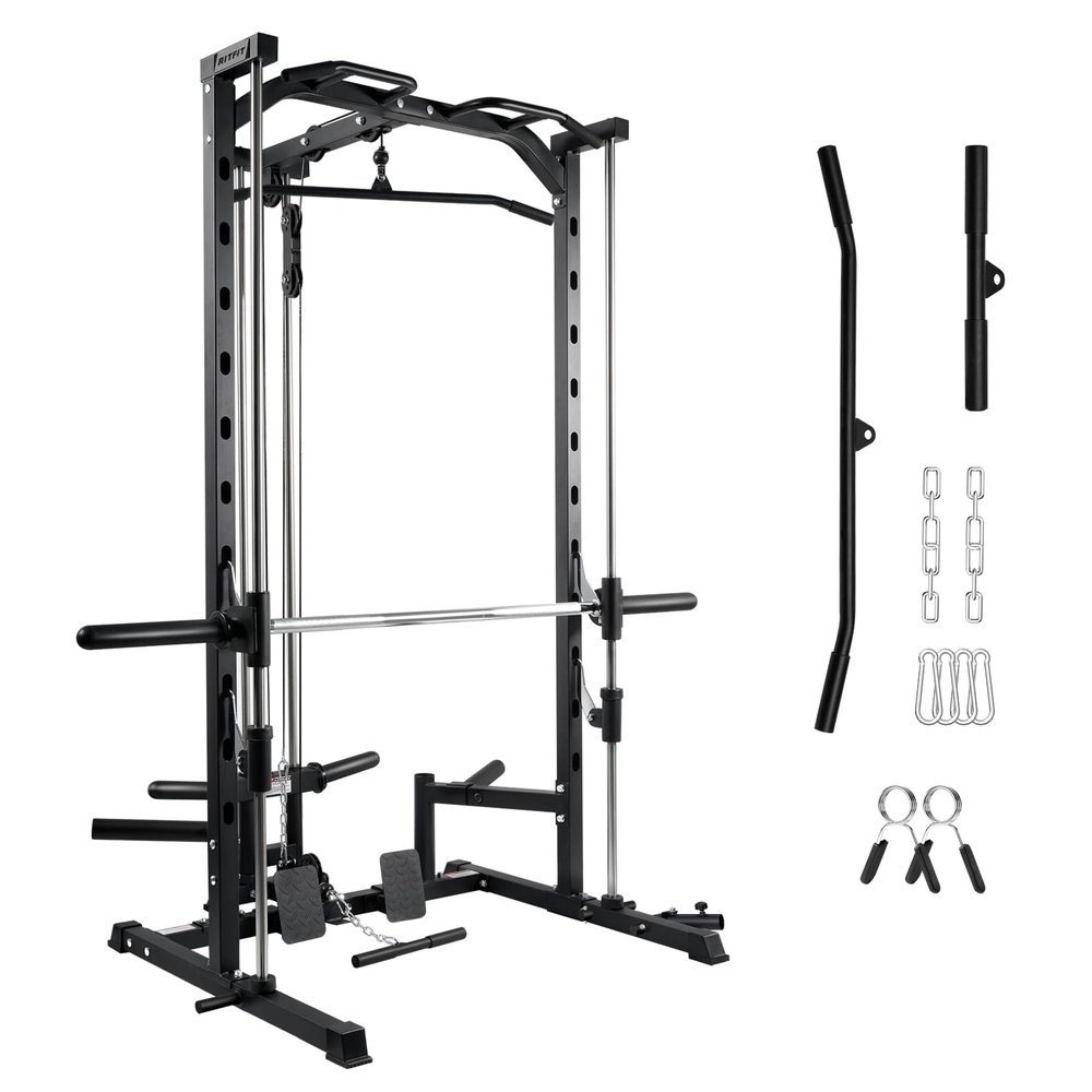 RitFit Smith Machine Power Rack with LAT-Pull Down System, Landmine, Barbell Bar, Plate Storage Pegs and More Training Attachment, 1000 LBS Multifunction Squat Rack for Home Gym, Upgraded 2.0