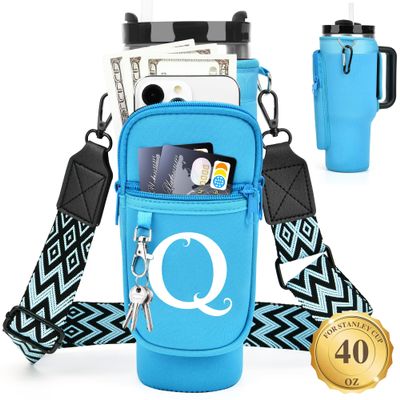 LOKASS Personalized Water Bottle Holder with Strap for Stanley Cup Accessories 40 oz Tumbler, Initial Water Bottle Carrier Bag W/Phone Pocket, for Women,Ideal for Thanksgiving/Christmas/New Year
