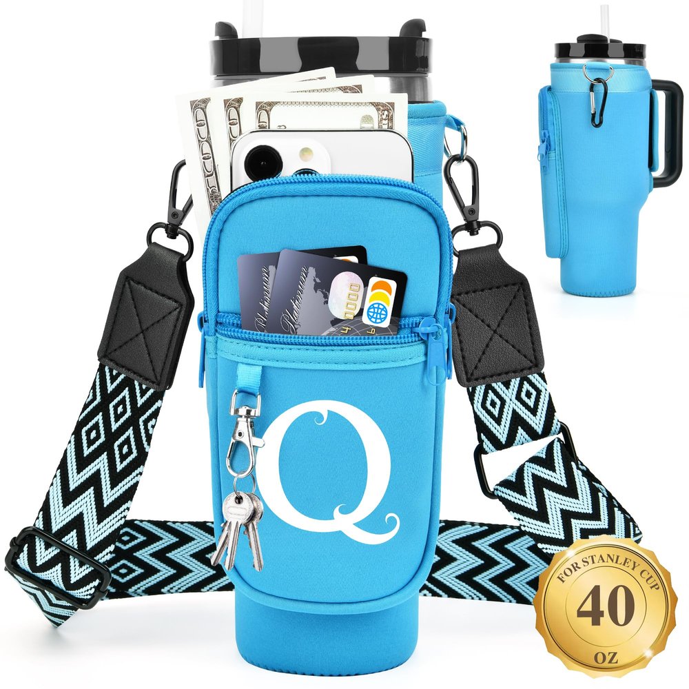 LOKASS Personalized Water Bottle Holder with Strap for Stanley Cup Accessories 40 oz Tumbler, Initial Water Bottle Carrier Bag W/Phone Pocket, for Women,Ideal for Thanksgiving/Christmas/New Year