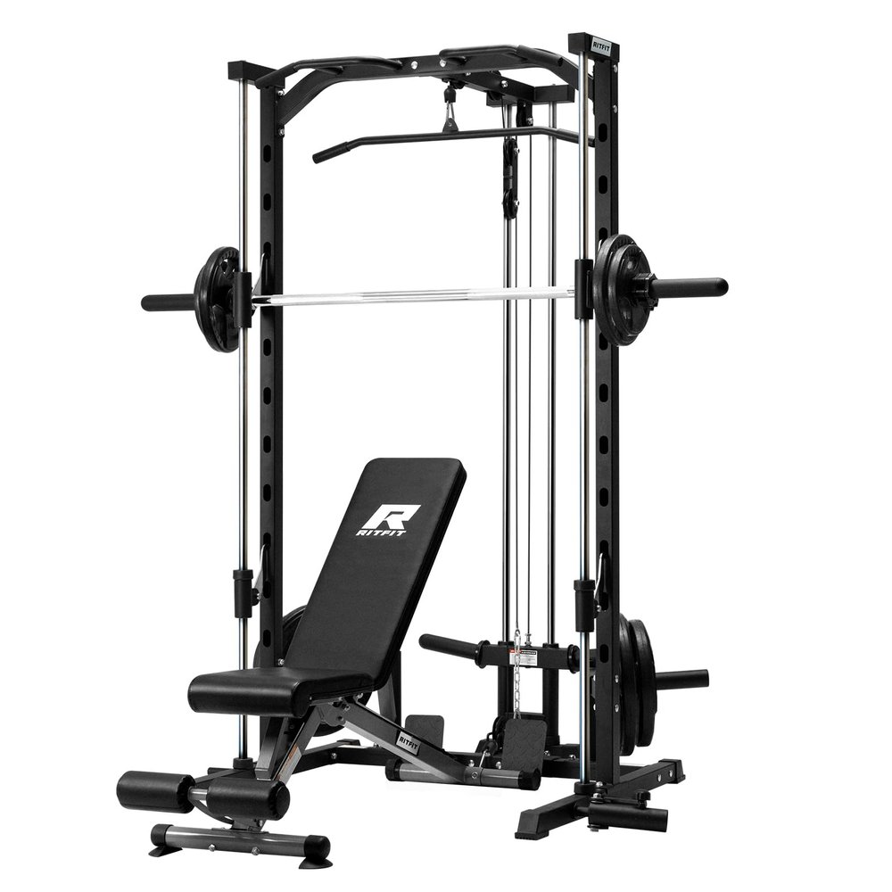 RitFit Smith Machine Power Rack with LAT-Pull Down System, Landmine, Barbell Bar, Plate Storage Pegs and More Training Attachment, 1000 LBS Multifunction Squat Rack for Home Gym