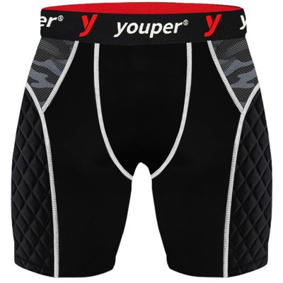 Youper Youth Elite Padded Sliding Shorts with Cup Pocket, Boys Compression Slider Shorts for Baseball & Football (Black/Camo, X-Small)