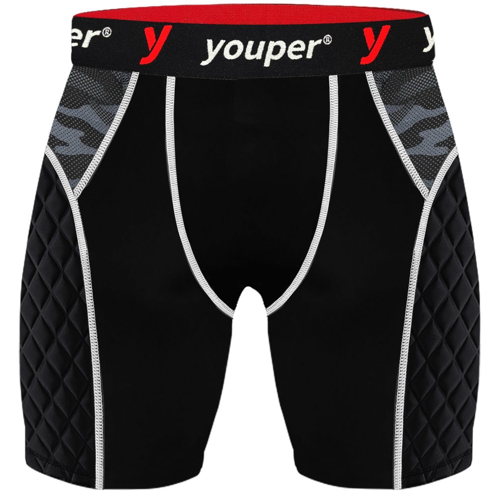 Youper Youth Elite Padded Sliding Shorts with Cup Pocket, Boys Compression Slider Shorts for Baseball & Football (Black/Camo, X-Small)