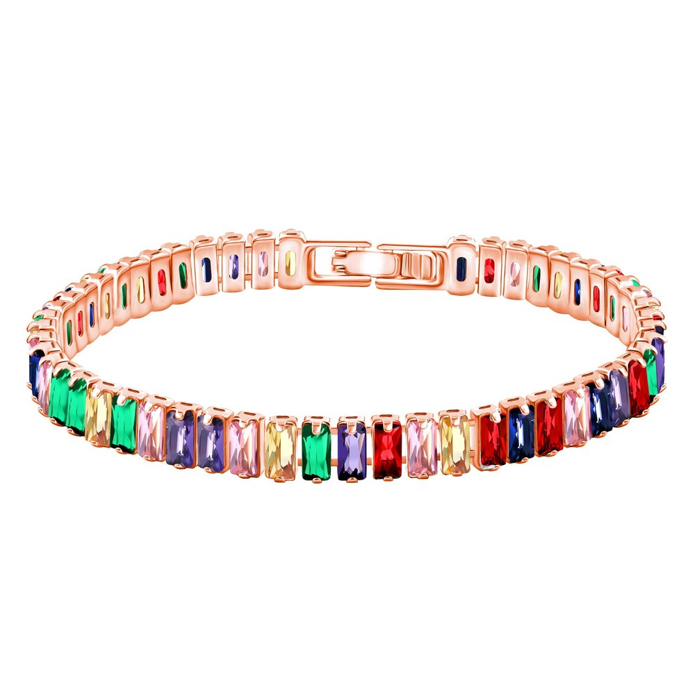 Uloveido Rose Gold Plated 2.5 * 6mm AAA+ Rectangular Cut Multicolor Cubic Zirconia Tennis Bracelet for Women YA4537 (Rose Gold-Multi-6.5 inch)