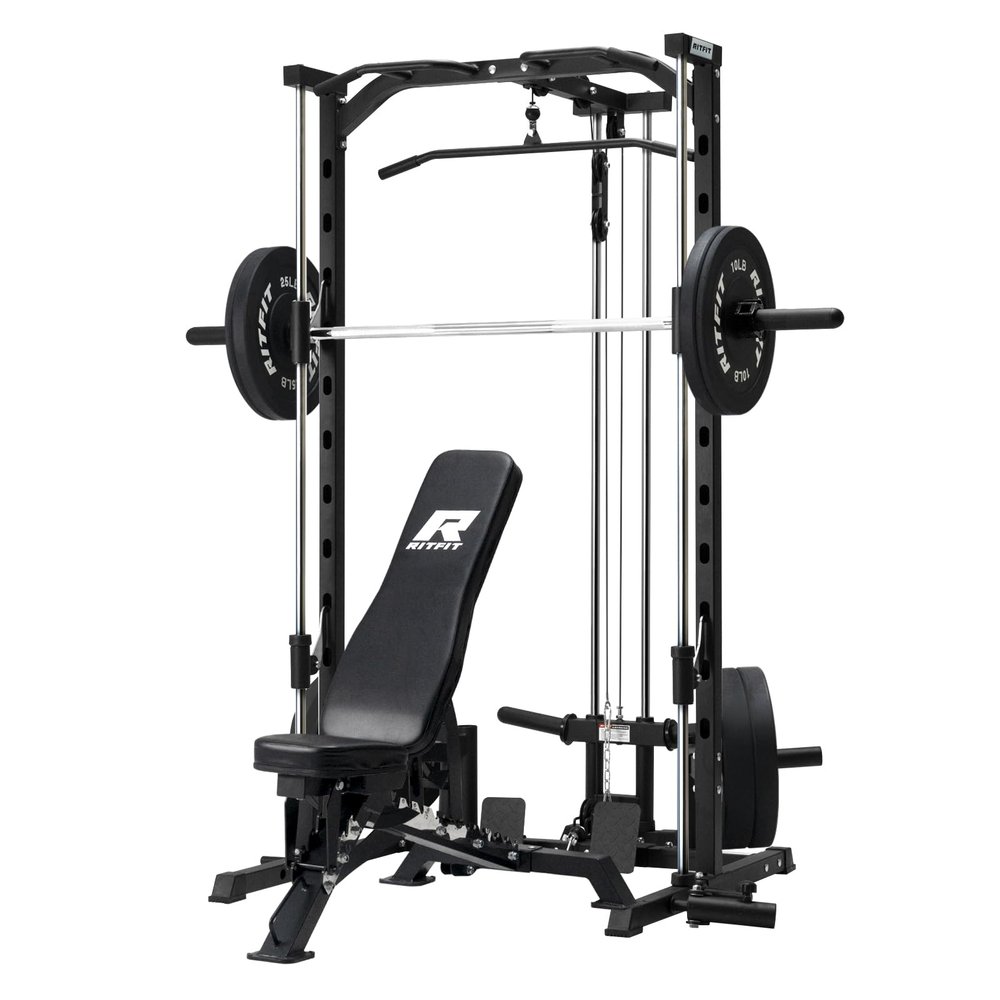 RitFit Smith Machine Power Rack with LAT-Pull Down System, Landmine, Barbell Bar, Plate Storage Pegs and More Training Attachment, 1000 LBS Multifunction Squat Rack for Home Gym (BP230 Package)